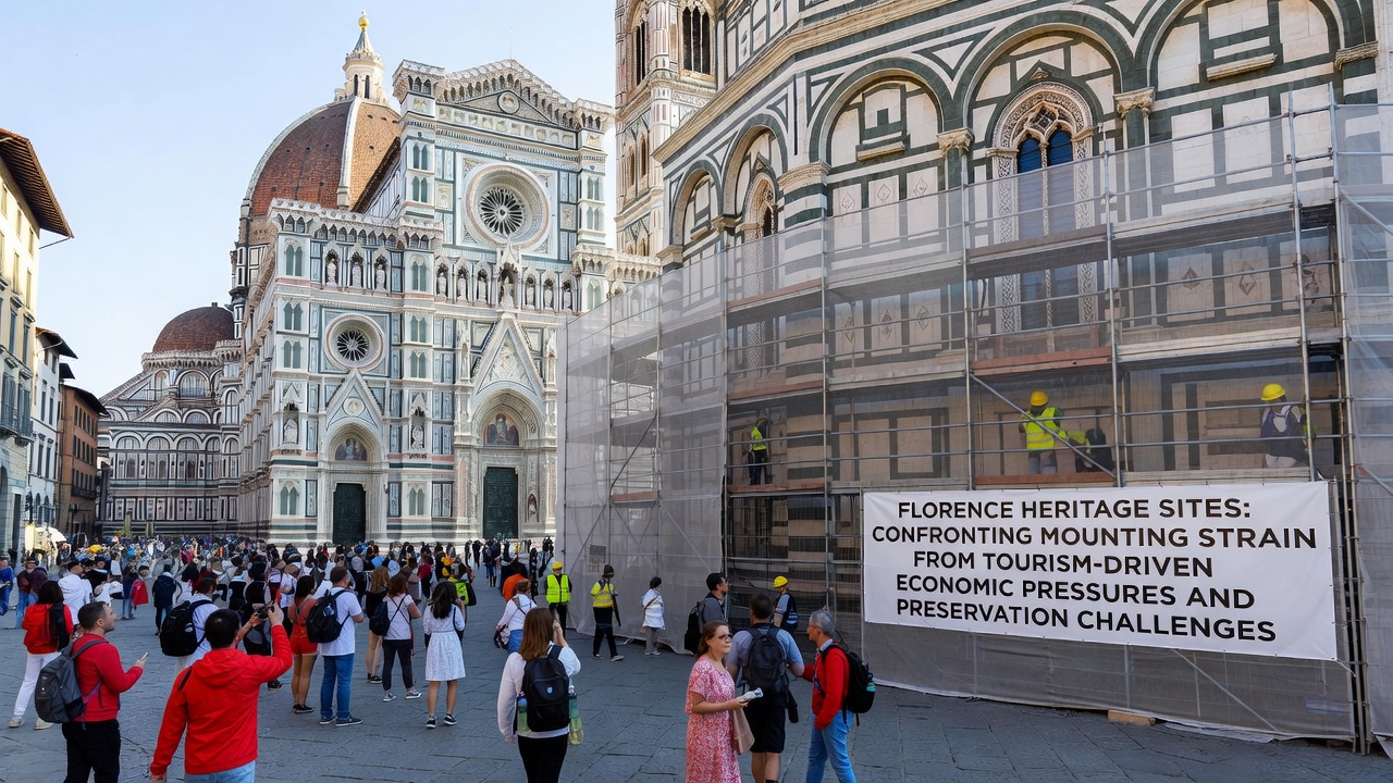 Restoration scaffolding on a Florence palazzo with workers addressing stonework amid surrounding tourist pathways