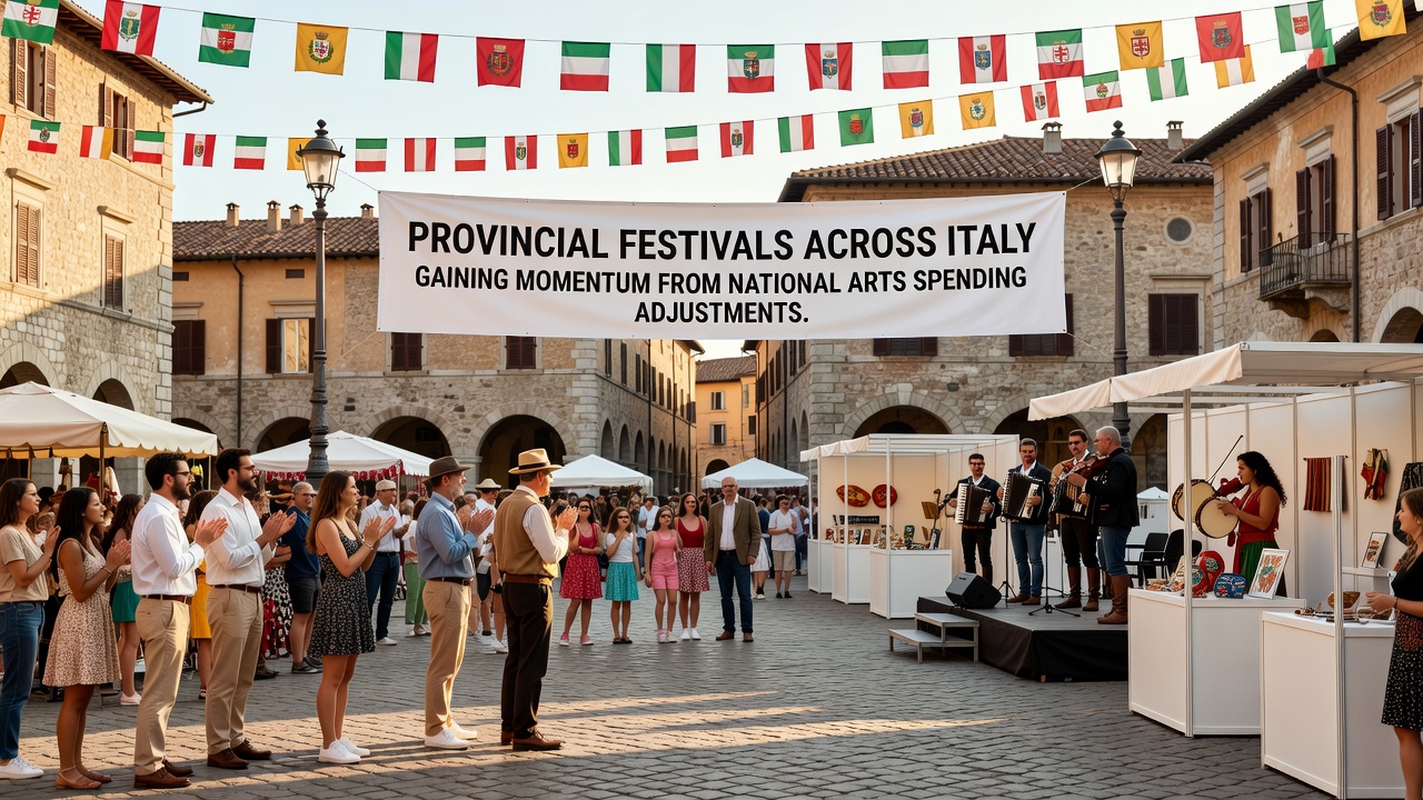 Evening view of a provincial Italian festival with illuminated stalls, live music stage, and attendees sampling regional foods
